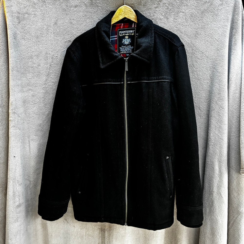 Point Zero Men’s Black Wool Blend Coat Bomber Timeless Classic Winter Warm Layer